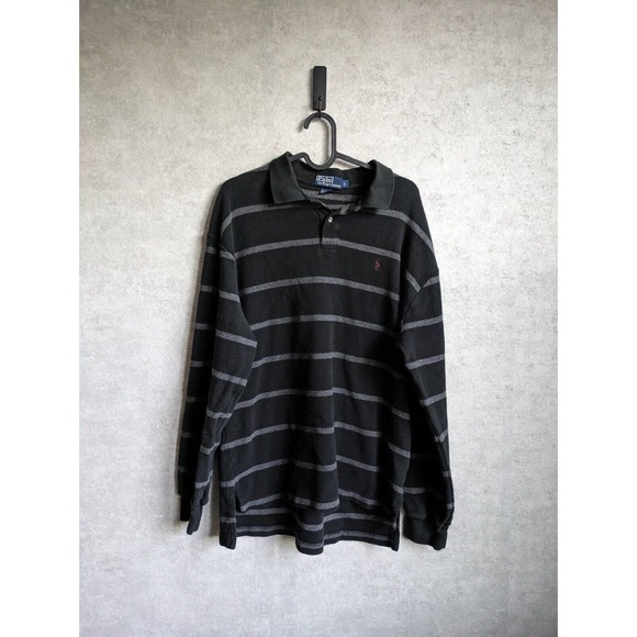 Vintage Ralph‎ Lauren Polo Waffle Knit Rugby Black Grey Striped Shirt Size L - Picture 1 of 10